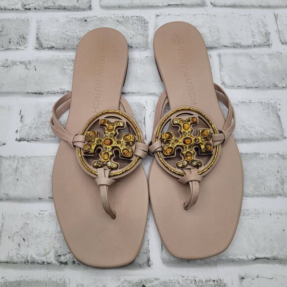 Tory Burch Jeweled Miller Sandals Meadowsweet Tan Neutral Gold Women's size 10 - Picture 1 of 5